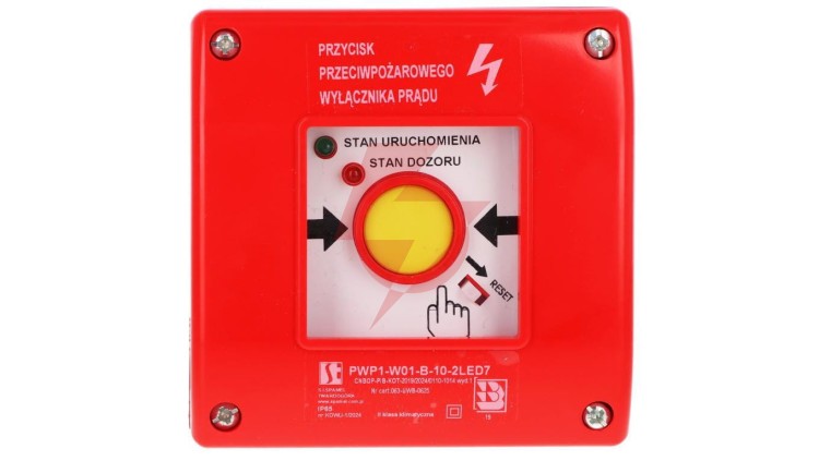 Ręczny przycisk przeciwpożarowego wyłącznika prądu PWP1 (1NO) z certyfikatem CNBOP - 2LED zielony/czerwony 230V