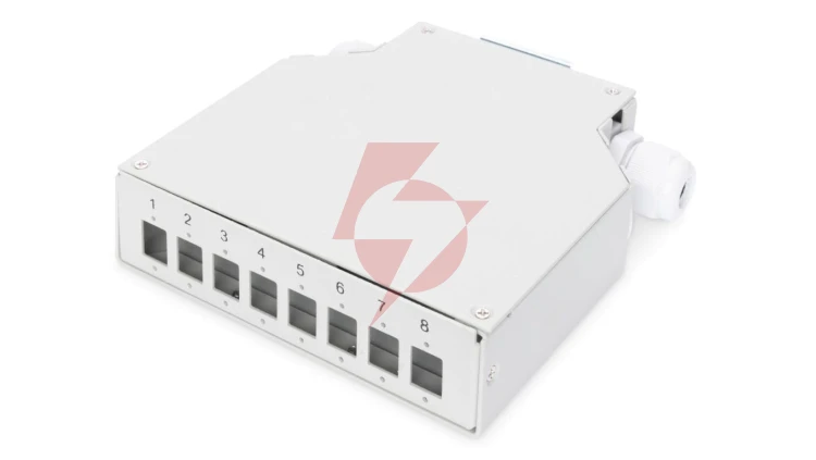 Przełącznica światłowodowa na szynę DIN, 8x LC duplex z tacką na spawy, szary DN-96891