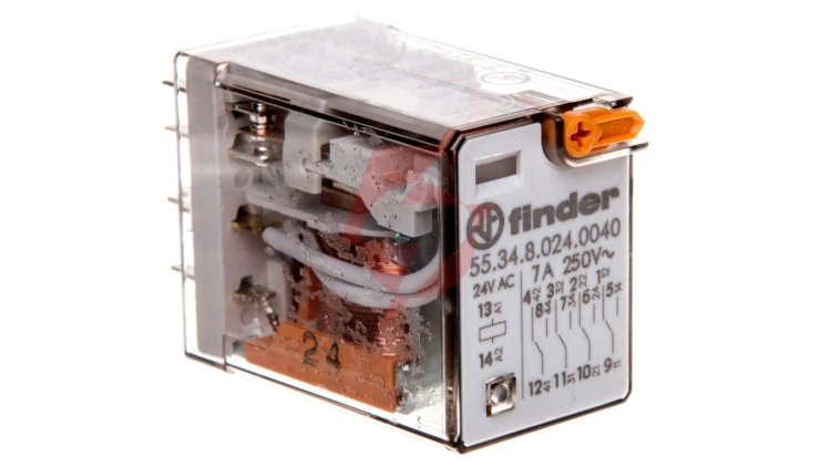 Przekaźnik miniaturowy 4P 7A 24V AC przycisk testujący mechaniczny wskaźnik zadziałania AgNi 55.34.8.024.0040