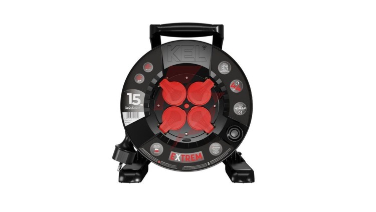 Przedłużacz bębnowy EXTREME LINE 4 gniazda z/u IP44 16A H05RR-F 3x2,5 15m czarny W-100023
