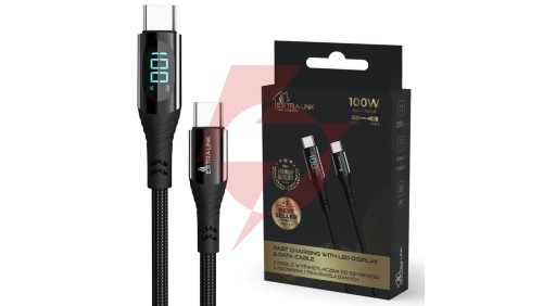 Kabel USB-C 100W, 200cm Extralink Smart Life USB Type-C to Type-C Cable Braided Czarny z wyświetlaczem LED