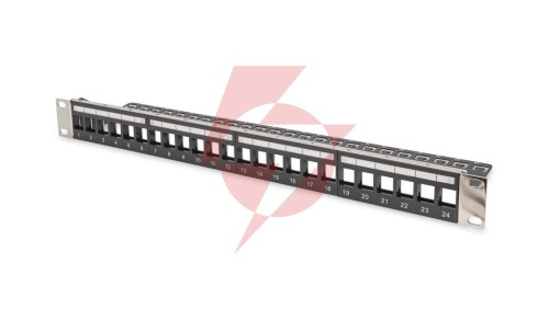 Panel krosowy modularny 19 24x keystone,ekranowany,1U,czarny,prowadnica kabli,wymienne pola opisowe DN-91411-LF