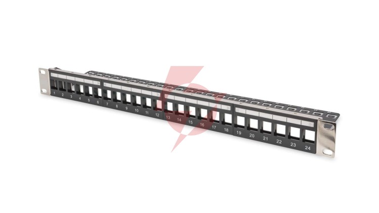 Panel krosowy modularny 19 24x keystone,ekranowany,1U,czarny,prowadnica kabli,wymienne pola opisowe DN-91411-LF