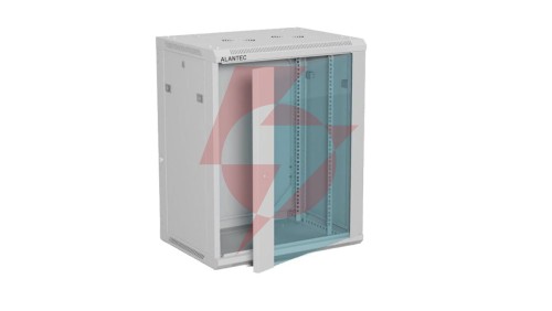 Szafa rack wisząca 19 cali 15U 600x450, drzwi szklane, tył i osłony boczne demontowalne, FLAT PACK kolor szary ALANTEC