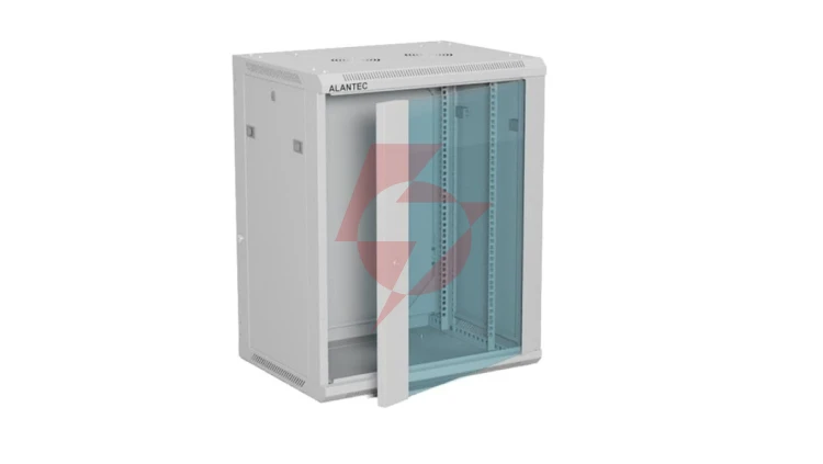 Szafa rack wisząca 19 cali 15U 600x450, drzwi szklane, tył i osłony boczne demontowalne, FLAT PACK kolor szary ALANTEC