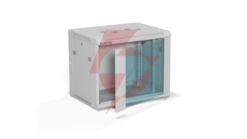 Szafa rack wisząca 19 cali 9U 600x450, drzwi szklane, tył i osłony boczne demontowalne, FLAT PACK kolor szary ALANTEC