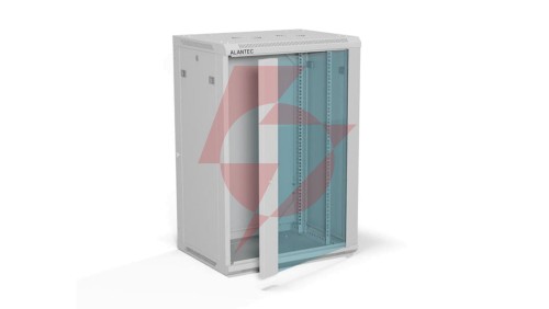 Szafa rack wisząca 19 cali 18U 600x450, drzwi szklane, tył i osłony boczne demontowalne, FLAT PACK kolor szary ALANTEC