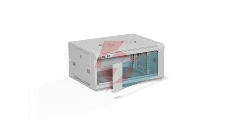 Szafa rack wisząca 19 cali 4U 600x450, drzwi szklane, tył i osłony boczne demontowalne, FLAT PACK kolor szary ALANTEC