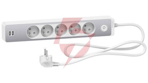 Odace Przedłużacz 5 gniazdowy z łącznikiem 2x USB, 1,5m biały+szczotkowane aluminium ST935U1WA