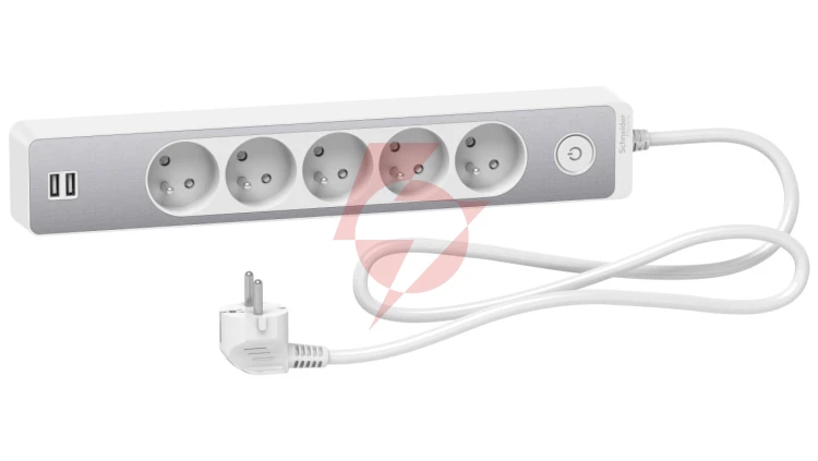 Odace Przedłużacz 5 gniazdowy z łącznikiem 2x USB, 1,5m biały+szczotkowane aluminium ST935U1WA