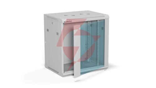 Szafa rack wisząca 19 cali 12U 600x450, drzwi szklane, tył i osłony boczne demontowalne, FLAT PACK kolor szary ALANTEC