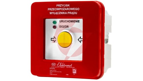 Przycisk ppoż wyłącznika prądu p/t 2 tory prądowe 12A, NC-NO, diody uniwersalne (230V AC lub 24V DC) czerwona/zielona PPWPp-1s A