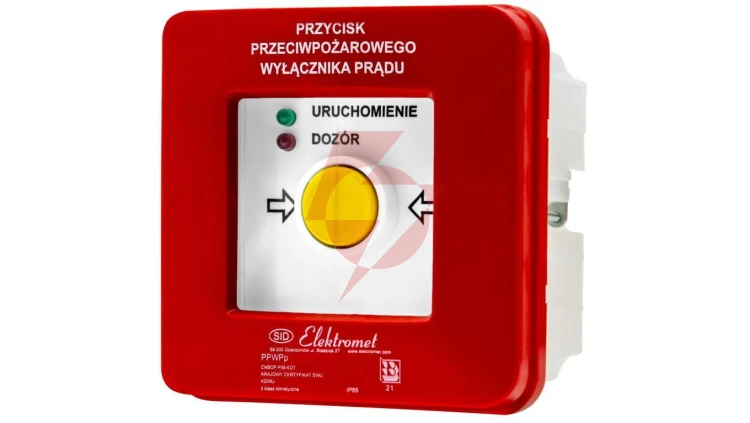 Przycisk ppoż wyłącznika prądu p/t 2 tory prądowe 12A, NC-NO, diody uniwersalne (230V AC lub 24V DC) czerwona/zielona PPWPp-1s A