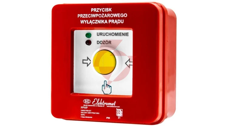 Przycisk ppoż wyłącznika prądu n/t 2 tory prądowe 12A, NC-NO, diody czerwona/zielona PPWP-1 B
