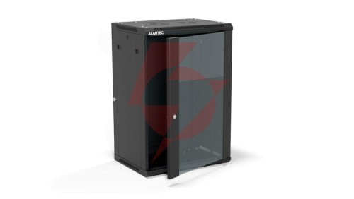 Szafa rack wisząca 19 cali 18U 600x450, drzwi szklane, tył i osłony boczne demontowalne, FLAT PACK kolor czarny ALANTEC