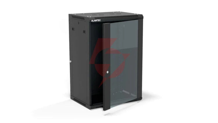 Szafa rack wisząca 19 cali 18U 600x450, drzwi szklane, tył i osłony boczne demontowalne, FLAT PACK kolor czarny ALANTEC