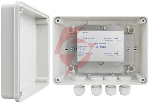 Extender poe w obudowie hermetycznej do 2 kamer ip pulsar ext-poe4h 48v