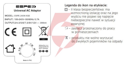 Zasilacz wtyczkowy 3-12v 2a 1m. 3v 4,5v 5v 6v 7,5v 9v 12vdc regulowany espe