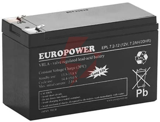 Akumulator agm europower serii epl 12v 7,2ah t1 (żywotność 15 lat)