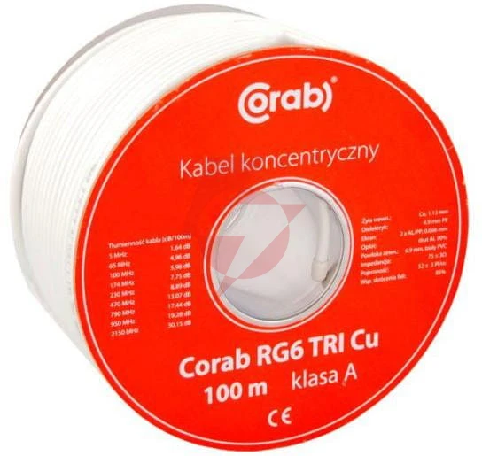 Przewód koncentryczny rg6 tri cu corab ( szpula 100m ) klasa a