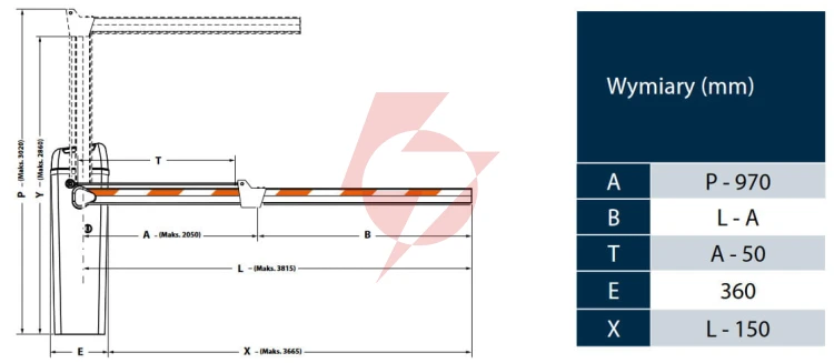 Szlaban faac b614 - zestaw z ramieniem prostokątnym 3815mm