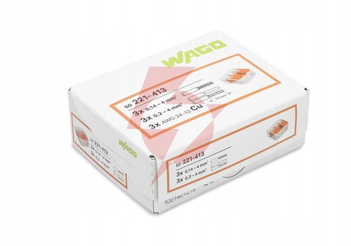 Szybkozłączka uniwersalna linka/drut 3x 0,2-4mm2 wago 221-413 (paczka 50szt.)