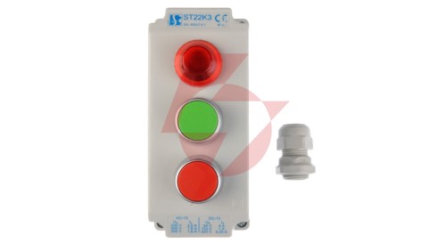 Kaseta sterownicza 3-otworowa z przyciskami zielony/czerwony + lampka sygnalizacyjna IP65 ST22K3\05-1