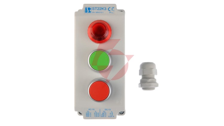 Kaseta sterownicza 3-otworowa z przyciskami zielony/czerwony + lampka sygnalizacyjna IP65 ST22K3\05-1