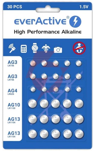 Zestaw 30 baterii 1,5v 10x ag3 / lr41 5x ag4 / lr626 5x ag10 / lr1130 10x ag13 / lr1154 everactive