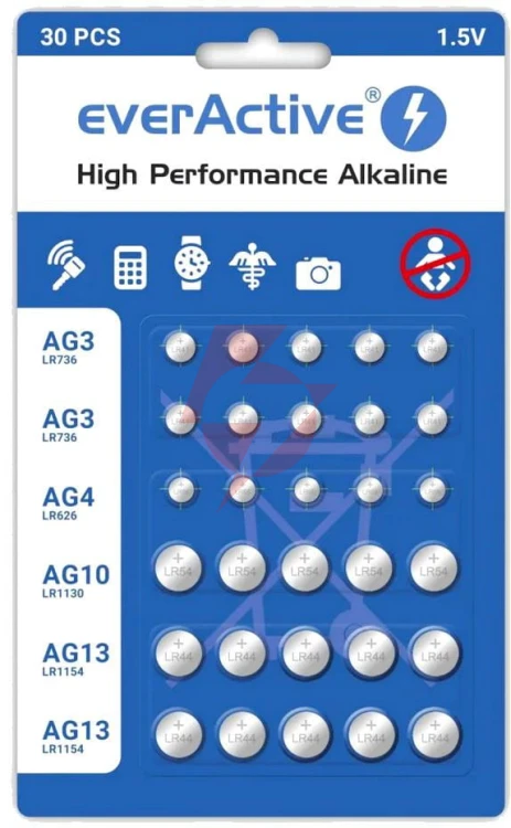 Zestaw 30 baterii 1,5v 10x ag3 / lr41 5x ag4 / lr626 5x ag10 / lr1130 10x ag13 / lr1154 everactive