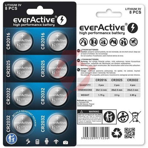 Zestaw 8 baterii 3,0v 4x cr2032 2x cr2025 2x cr2016 everactive