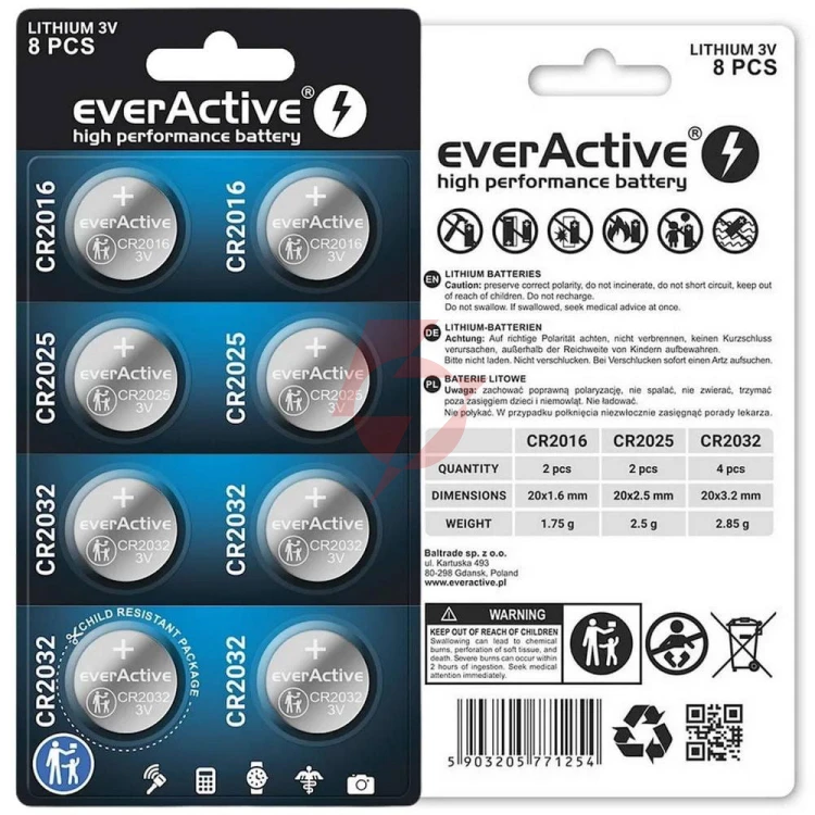 Zestaw 8 baterii 3,0v 4x cr2032 2x cr2025 2x cr2016 everactive