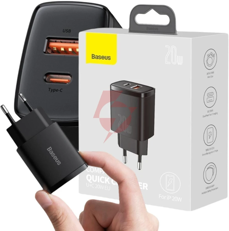 Ładowarka sieciowa baseus compact quick charger ccxj-b01 20w 1x usb-a 1x usb-c pd 3.0 qc 3.0 czarna