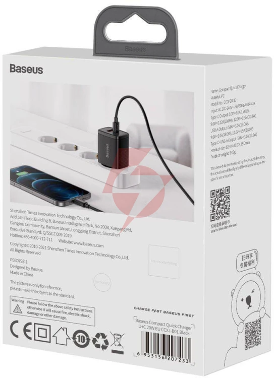 Ładowarka sieciowa baseus compact quick charger ccxj-b01 20w 1x usb-a 1x usb-c pd 3.0 qc 3.0 czarna