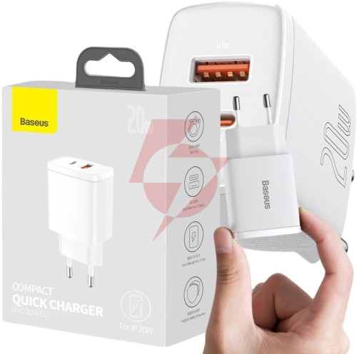 Ładowarka sieciowa baseus compact quick charger ccxj-b02 20w 1x usb-a 1x usb-c pd 3.0 qc 3.0 biała