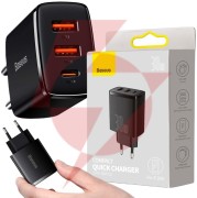 Ładowarka sieciowa baseus compact quick charger ccxj-e01 30w 2x usb-a 1x usb-c pd 3.0 qc 3.0 czarna
