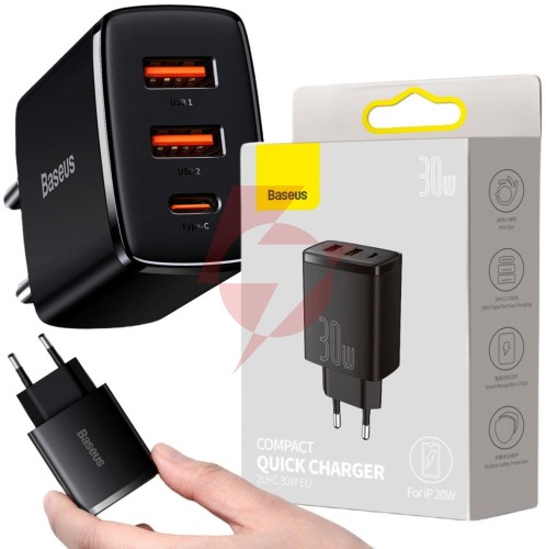 Ładowarka sieciowa baseus compact quick charger ccxj-e01 30w 2x usb-a 1x usb-c pd 3.0 qc 3.0 czarna