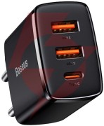 Ładowarka sieciowa baseus compact quick charger ccxj-e01 30w 2x usb-a 1x usb-c pd 3.0 qc 3.0 czarna