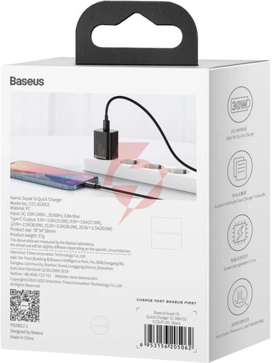 Ładowarka sieciowa baseus super si quick charger 1c ccsup-j01 30w 1x usb-c pd 3.0 qc 3.0 czarna