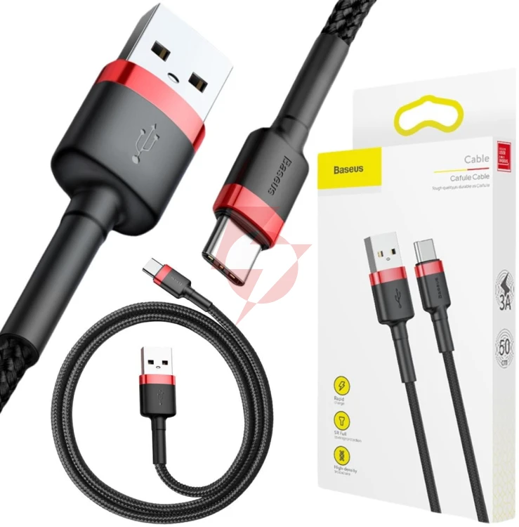 Kabel usb-a / usb-c baseus cafule catklf-a91 50cm 3a qc 3.0 czarno-czerwony w oplocie