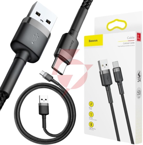 Kabel usb-a / usb-c baseus cafule catklf-ag1 50cm 3a qc 3.0 czarno-szary w nylonowym oplocie