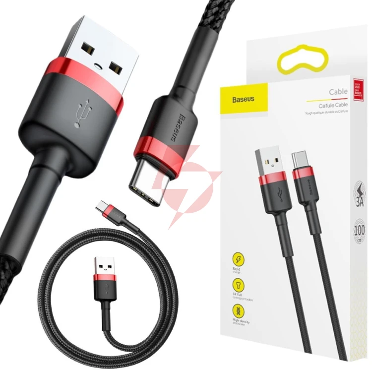 Kabel usb-a / usb-c baseus cafule catklf-b91 100cm 3a qc 3.0 czarno-czerwony w oplocie