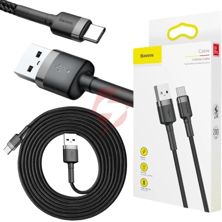 Kabel usb-a / usb-c baseus cafule catklf-cg1 200cm 2a qc 3.0 czarno-szary w nylonowym oplocie