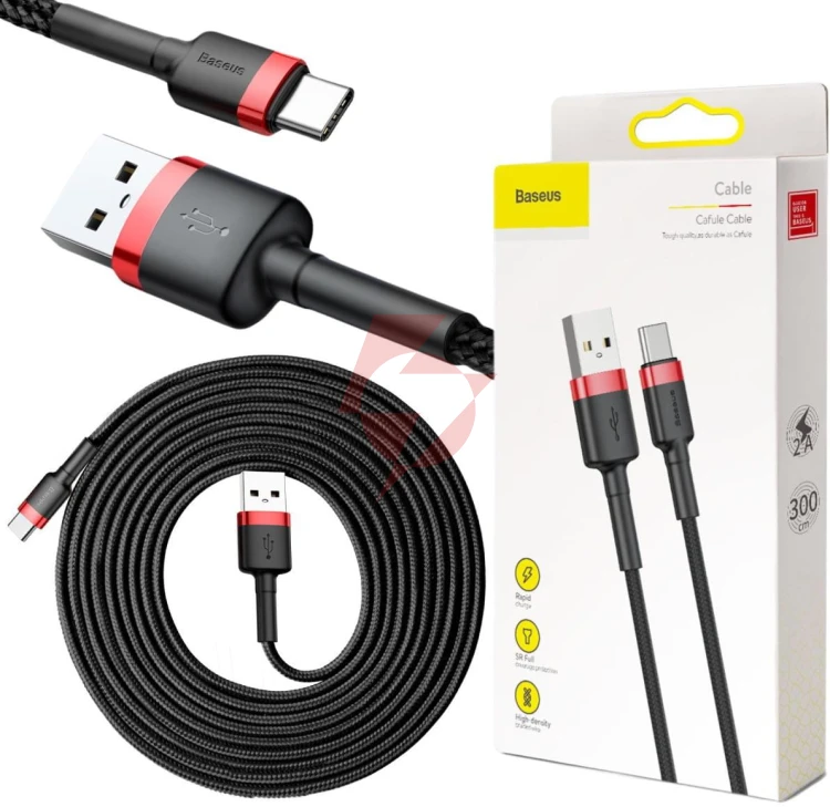 Kabel usb-a / usb-c baseus cafule catklf-u91 300cm 2a qc 3.0 czarno-czerwony w oplocie