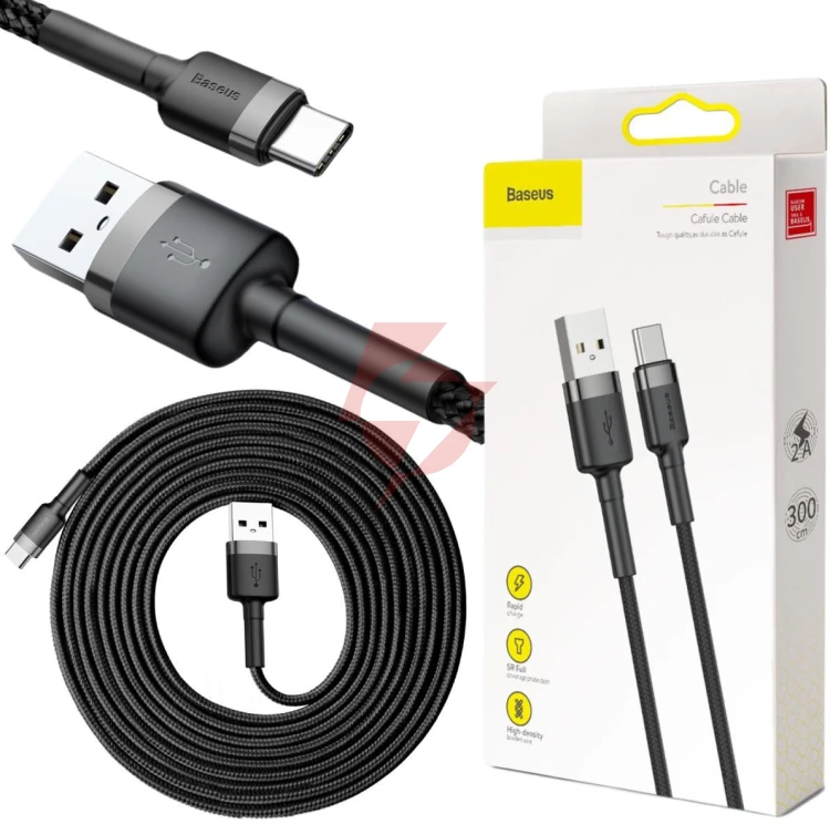 Kabel usb-a / usb-c baseus cafule catklf-ug1 300cm 2a qc 3.0 czarno-szary w nylonowym oplocie