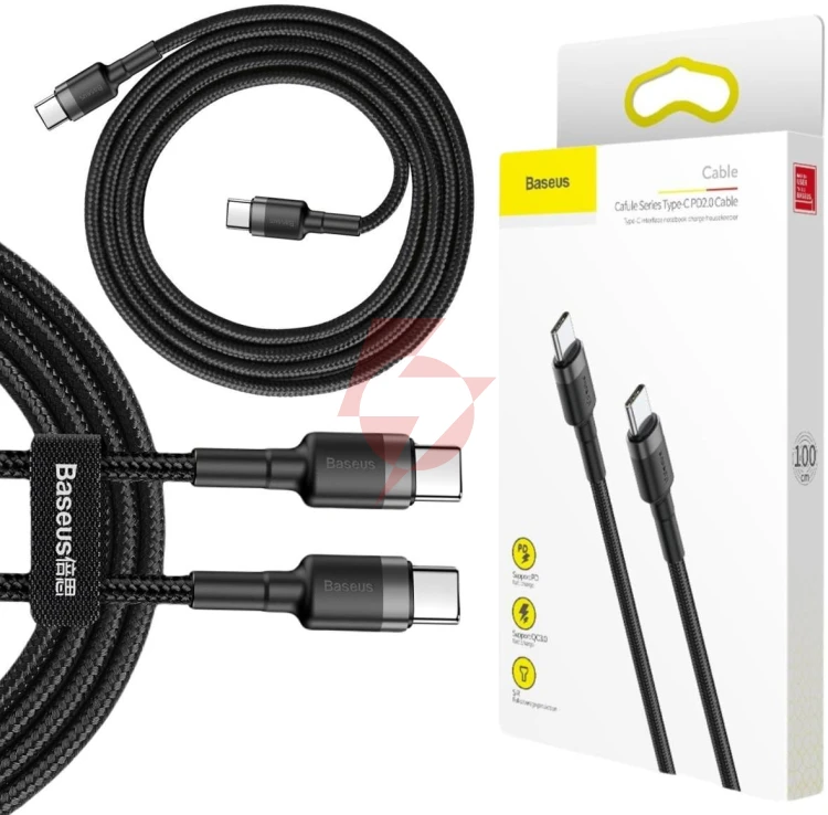 Kabel usb-c / usb-c baseus cafule catklf-gg1 100cm 60w 3a pd 2.0 qc 3.0 czarno-szary w oplocie