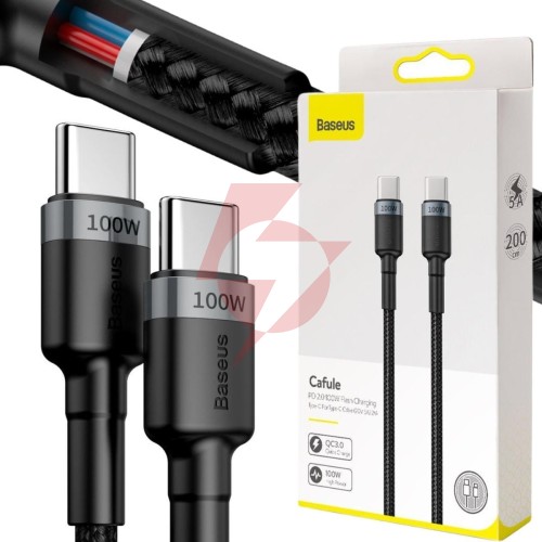 Kabel usb-c / usb-c baseus cafule catklf-alg1 200cm 100w 5a pd 2.0 qc 3.0 czarno-szary w oplocie