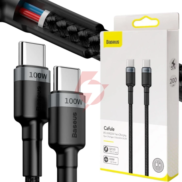 Kabel usb-c / usb-c baseus cafule catklf-alg1 200cm 100w 5a pd 2.0 qc 3.0 czarno-szary w oplocie