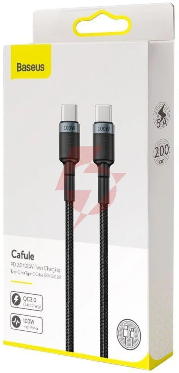 Kabel usb-c / usb-c baseus cafule catklf-alg1 200cm 100w 5a pd 2.0 qc 3.0 czarno-szary w oplocie