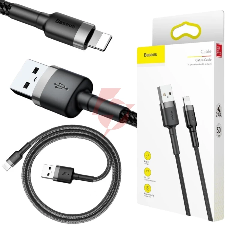 Kabel usb-a / lightning iphone baseus cafule calklf-ag1 50cm apple 2.4a czarno-szary w oplocie